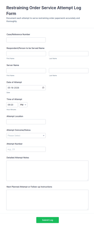 Restraining Order Service Attempt Log Form Template