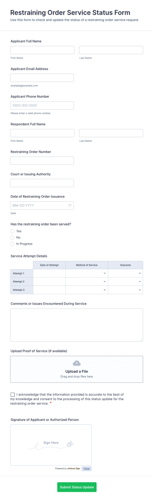 Restraining Order Service Status Form Template