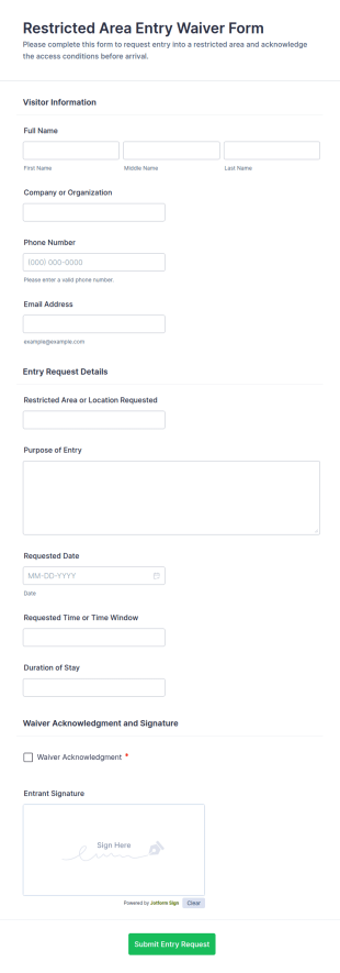 Restricted Area Entry Waiver Form Template