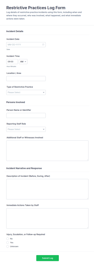 Restrictive Practices Log Form Template
