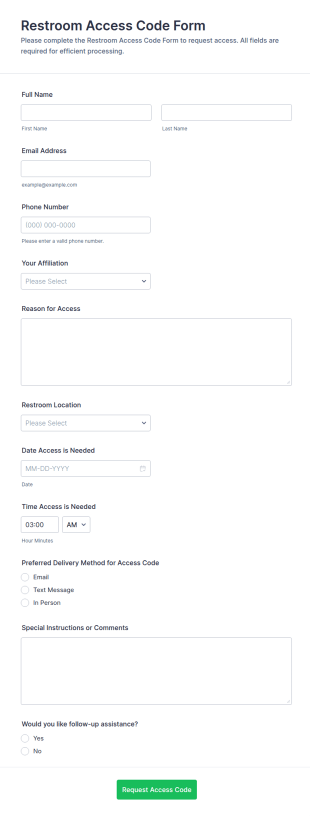 Restroom Access Code Form Template