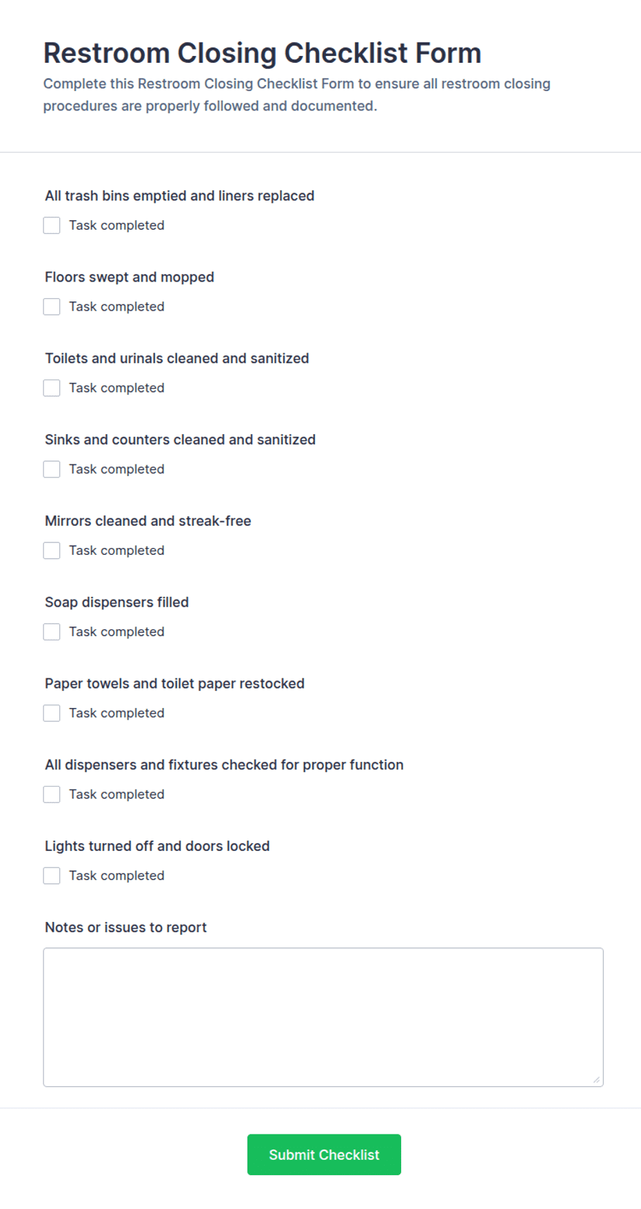 Restroom Closing Checklist Form Template | Jotform