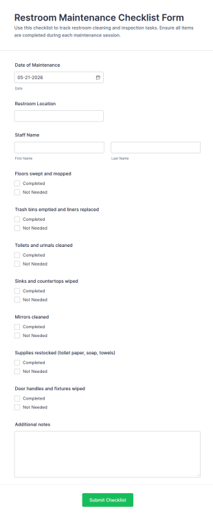 Restroom Maintenance Checklist Form Template
