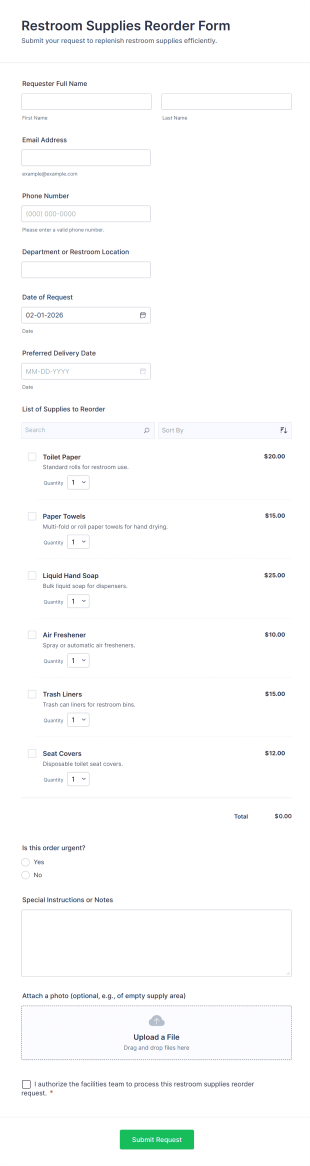 Restroom Supplies Reorder Form Template