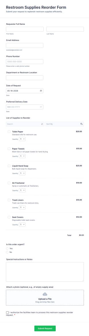 Restroom Supplies Reorder Form Template