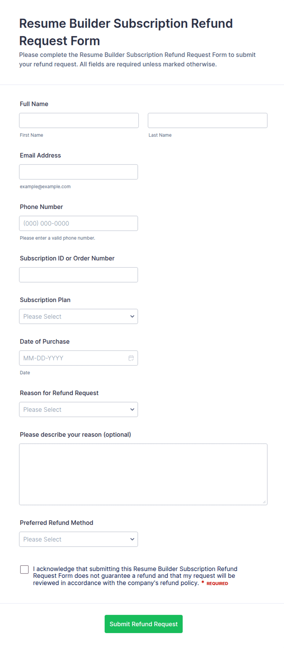 Resume Builder Subscription Refund Request Form Template | Jotform