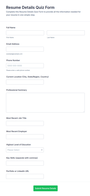 Resume Details Quiz Form Template