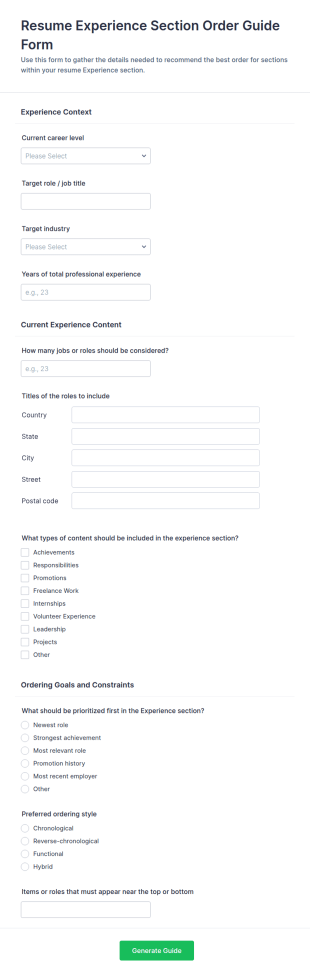 Resume Experience Section Order Guide Form Template