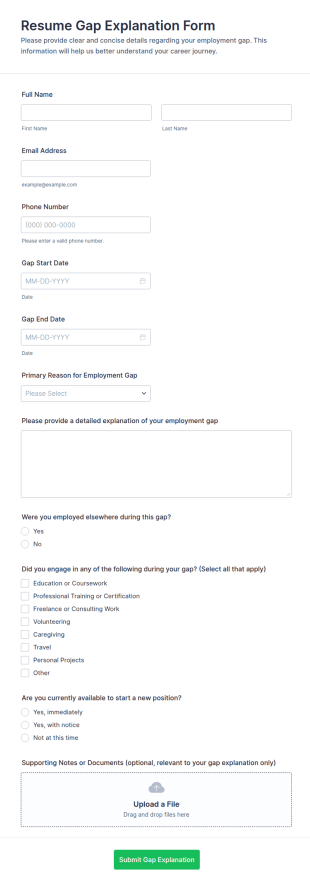 Resume Gap Explanation Form Template