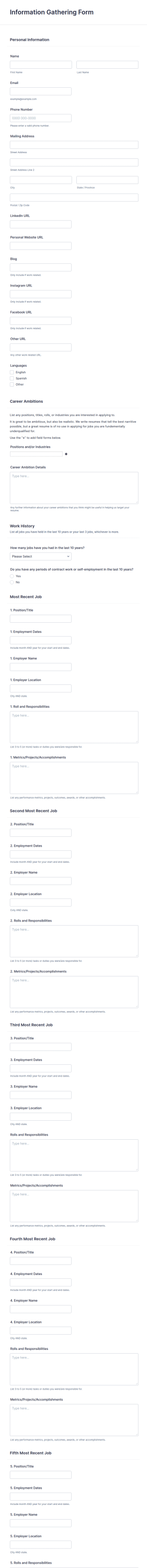 Resume Information Gathering Form Template