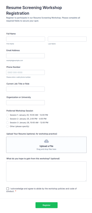 Resume Screening Workshop Registration Form Template