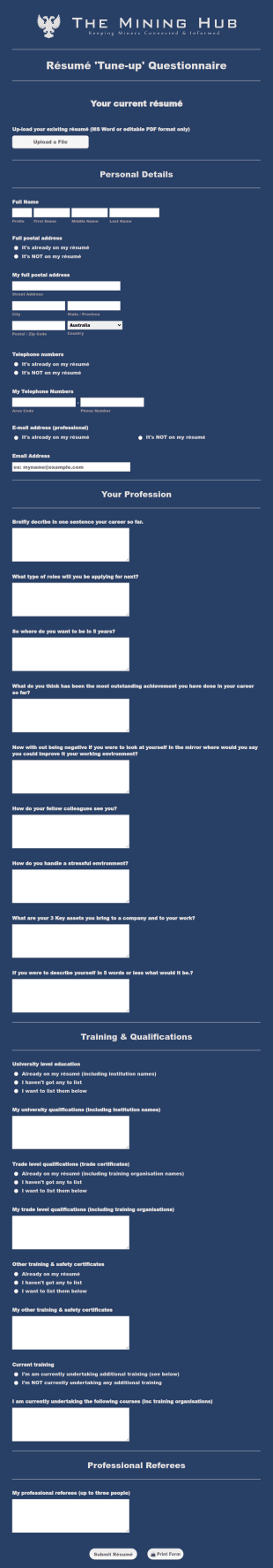 Résumé 'Tune Up' Questionnaire Form Template
