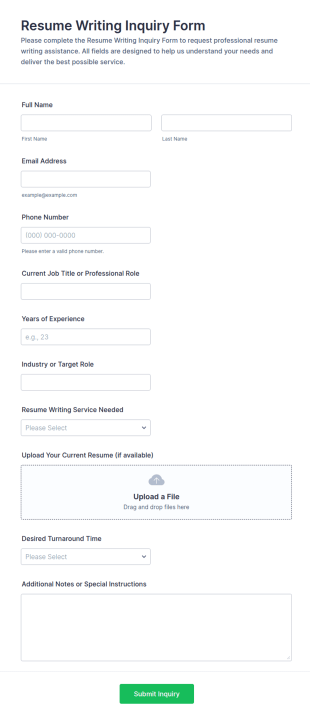 Resume Writing Inquiry Form Template