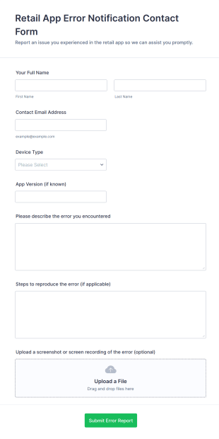 Retail App Error Notification Contact Form Template