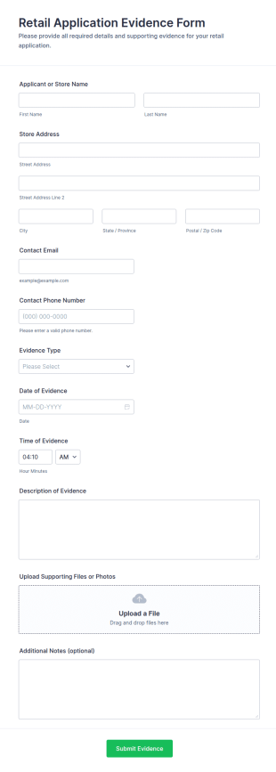 Retail Application Evidence Form Template