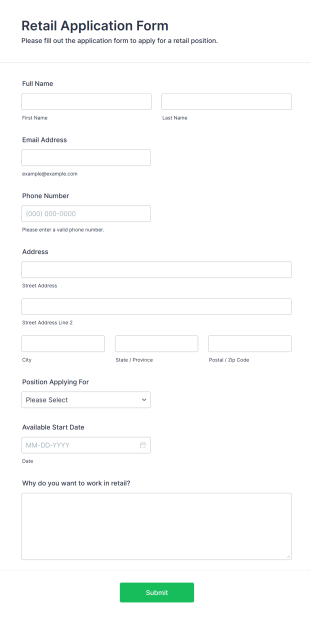 Retail Application Form Form Template