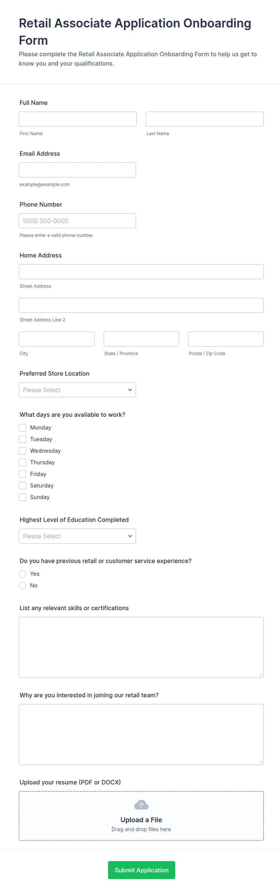 Retail Associate Application Onboarding Form Template | Jotform
