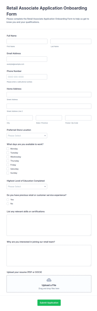 Retail Associate Application Onboarding Form Template
