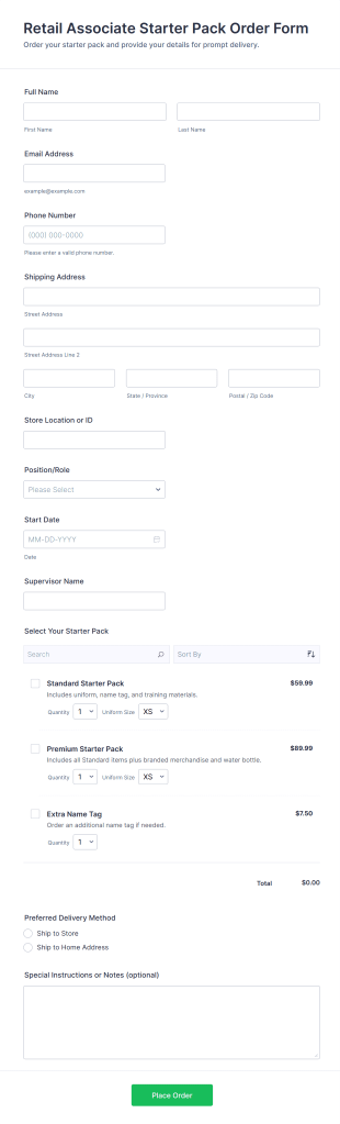 Retail Associate Starter Pack Order Form Template