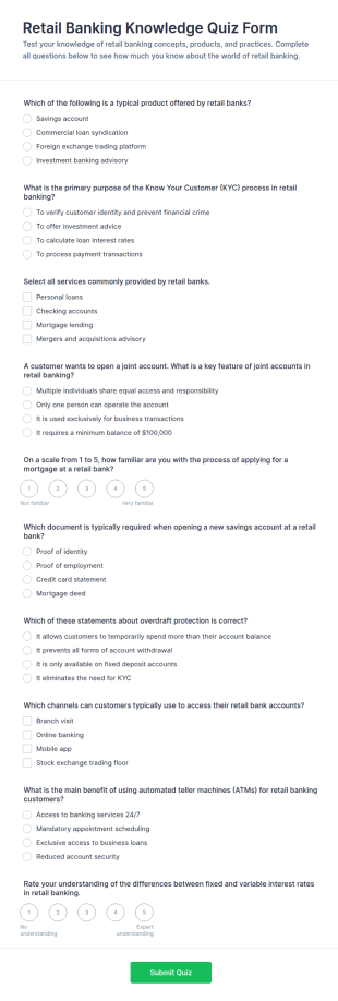 Retail Banking Knowledge Quiz Form Template