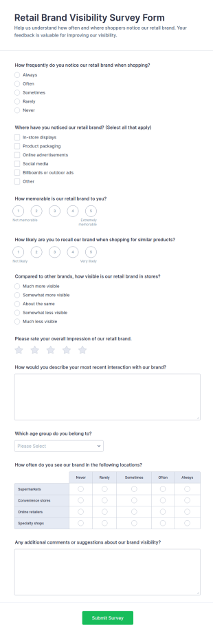 Retail Brand Visibility Survey Form Template