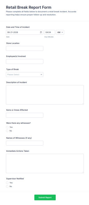 Retail Break Report Form Template