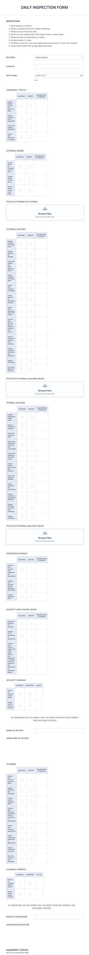 Daily Retail Inspection Form Template