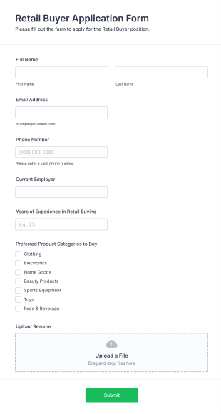 Retail Buyer Application Form Form Template