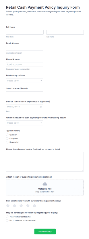 Retail Cash Payment Policy Inquiry Form Template