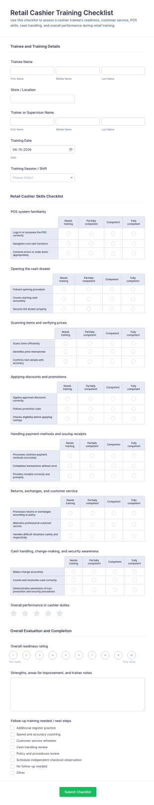 Retail Cashier Training Checklist Form Template