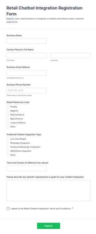Retail Chatbot Integration Registration Form Template