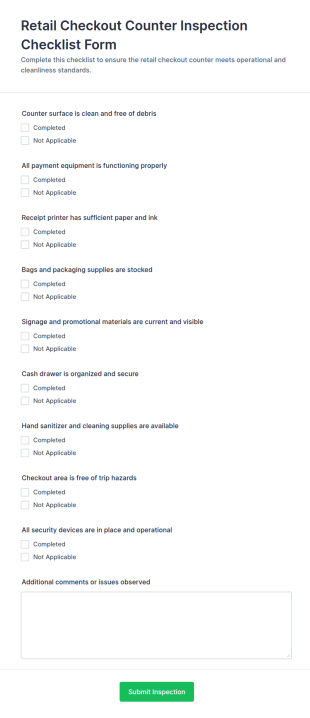 Retail Checkout Counter Inspection Checklist Form Template
