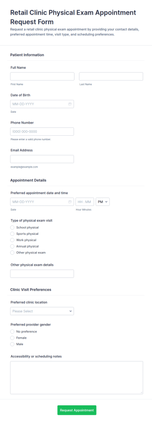 Retail Clinic Physical Exam Appointment Request Form Template