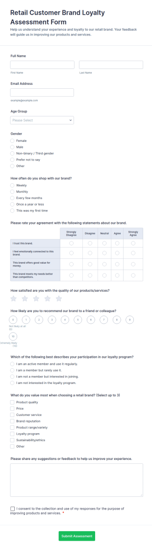 Retail Customer Brand Loyalty Assessment Form Template