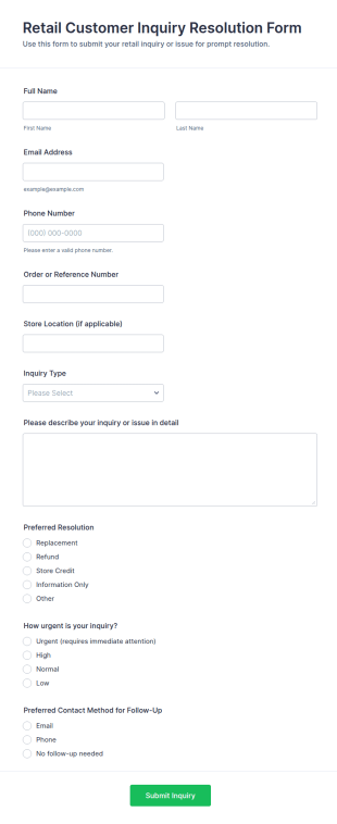 Retail Customer Inquiry Resolution Form Template