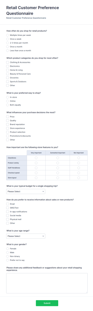 Retail Customer Preference Questionnaire Form Template
