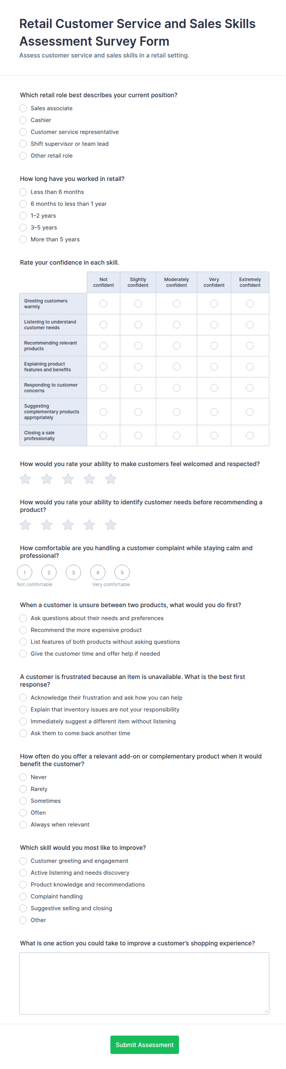 Retail Customer Service and Sales Skills Assessment Survey Form ...