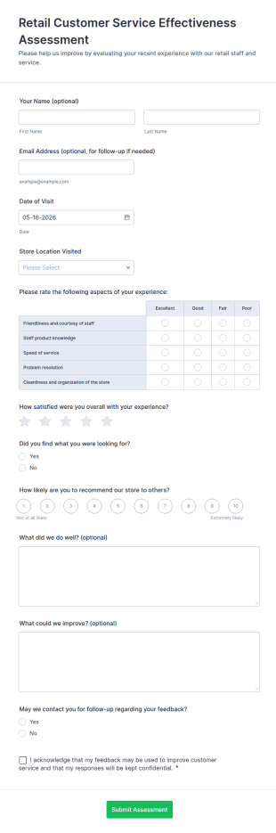 Retail Customer Service Effectiveness Assessment Form Template