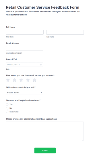 Retail Customer Service Feedback Form Template