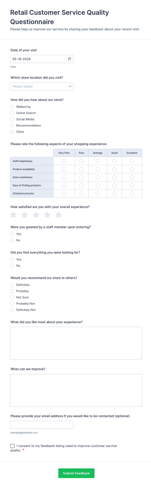 Retail Customer Service Quality Questionnaire Form Template