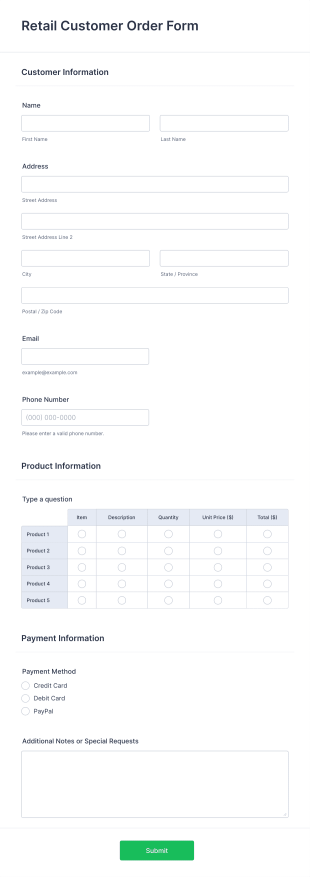 Retail Customer Order Form Template