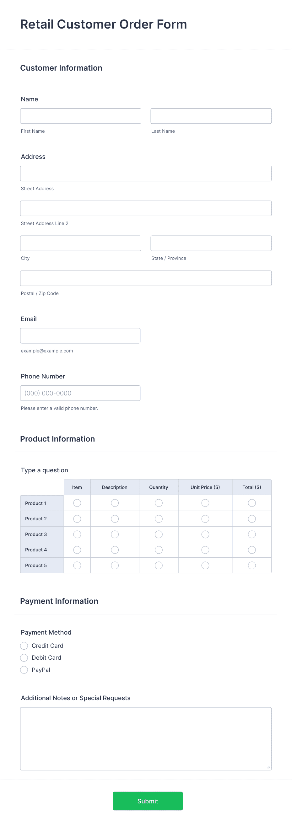 Retail Customer Order Form Template | Jotform