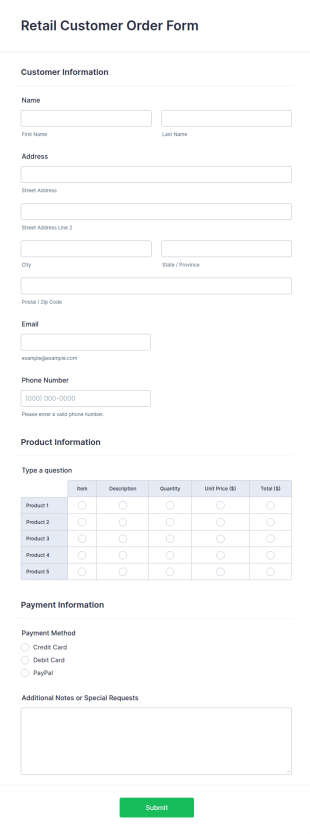 Retail Customer Order Form Template