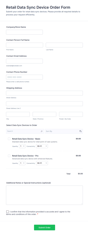 Retail Data Sync Device Order Form Template