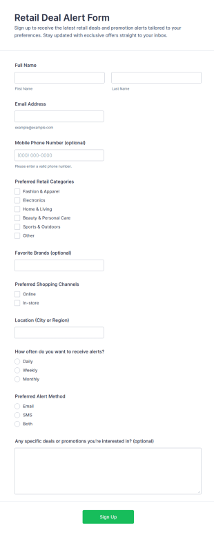 Retail Deal Alert Form Template