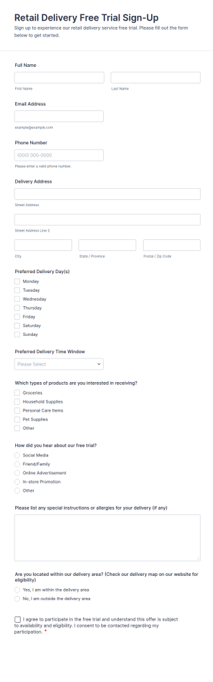 Retail Delivery Free Trial Sign Up Form Template