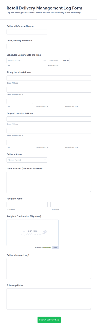 Retail Delivery Management Log Form Template