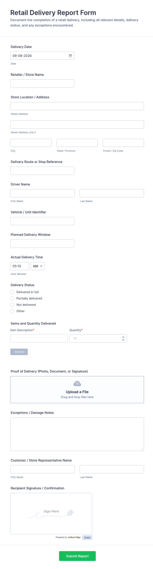 Retail Delivery Report Form Template