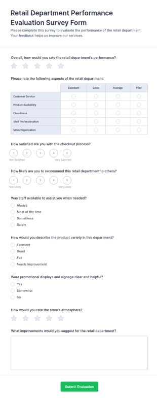 Retail Department Performance Evaluation Survey Form Template