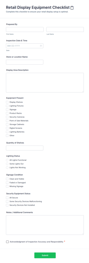 Retail Display Equipment Checklist Form Template